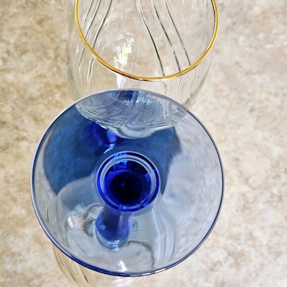 Libbey Crystal Blue Water Wine Glasses 8" Cobalt swag optic vintage gold trim - Picture 9 of 10